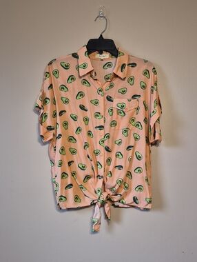Love Notes Pink Avocado Print Button-Front Tie Shirt
